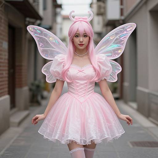 Digital art of a pink-haired girl in a shiny pink fairy dress with iridescent wings, standing on a narrow urban alley.