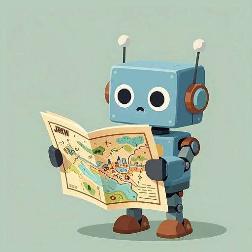 Cartoon blue robot with round eyes, antennae, and brown shoes, holding a colorful map, standing against a light green background.