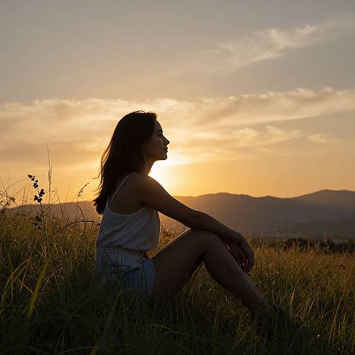 Silhouetted woman in white tank top and shorts sits in grassy field at sunset, with mountains and orange sky in background. Photograph.