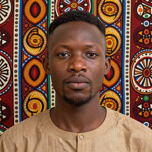 Photograph of a serious African man with dark skin, short black hair, and a beard, wearing a beige shirt, against a vibrant, patterned