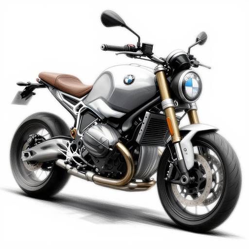 Digital illustration of a sleek, silver BMW motorcycle with brown leather seat, gold fork, and large round headlight, set against a white background.