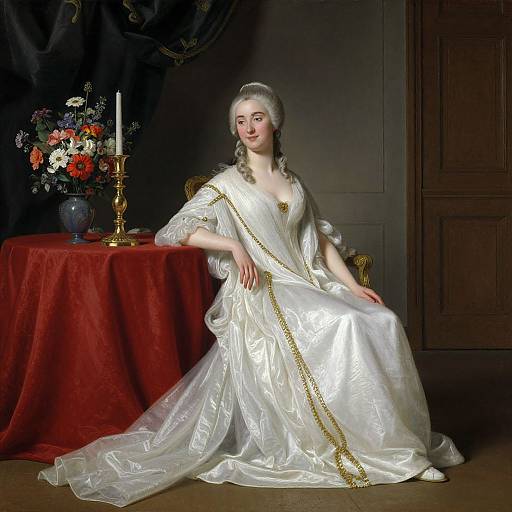 Photograph of a regal, pale-skinned woman in an elegant white satin gown with gold trim, seated beside a red-draped table with