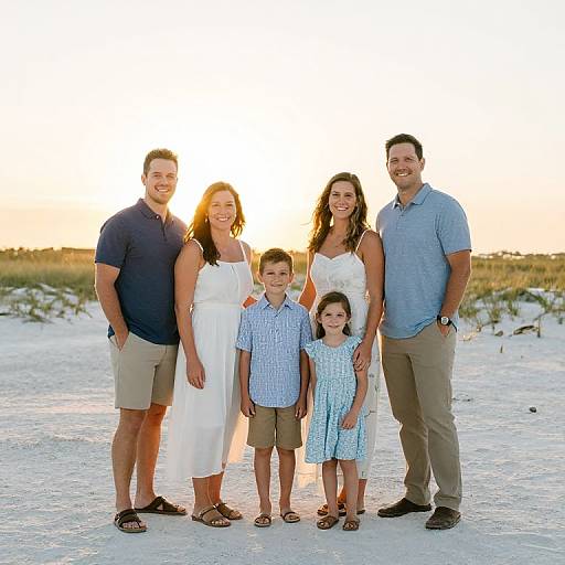 Photograph of a smiling family of five at sunset on a sandy beach, wearing casual summer clothes, standing close together.