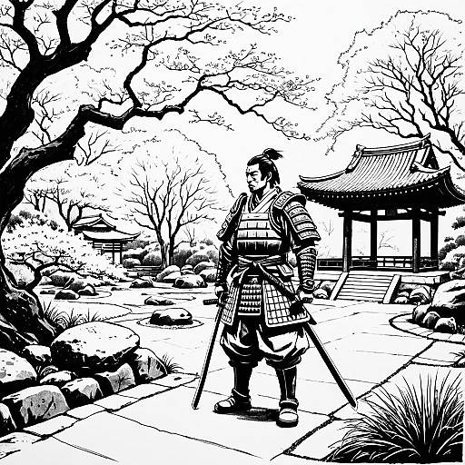 Monochrome Samurai in Ancient Japanese Garden
