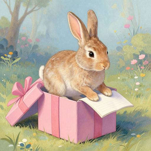 Digital illustration of a cute, brown bunny with large ears sitting in a pink, open gift box on a sunny, floral meadow.