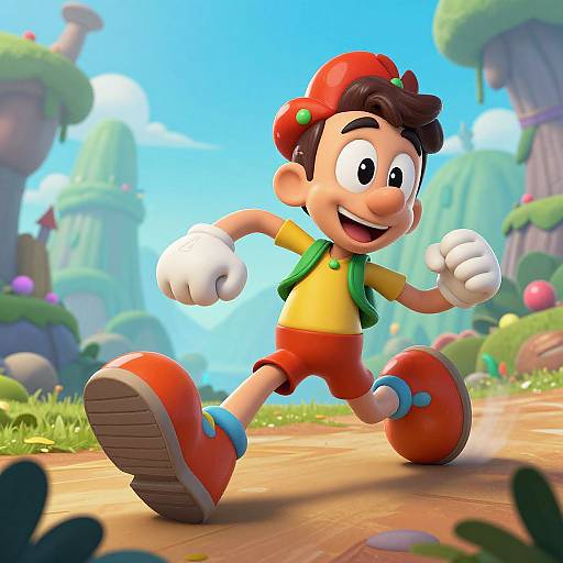 CGI cartoon boy in red hat, yellow shirt, red shorts, green vest, white gloves, and red shoes runs joyfully through vibrant, colorful