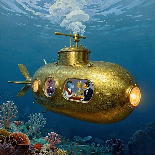 Photograph of a golden, ornate submarine with portholes showing three people inside, floating above a colorful underwater coral reef.