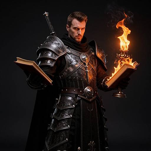 Photograph of a bearded man in shiny black medieval armor holding a flaming torch and book against a dark background.