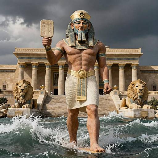 Photorealistic digital artwork of a muscular, Egyptian pharaoh with striped headdress, holding an ankh, standing in waves before a grand temple with