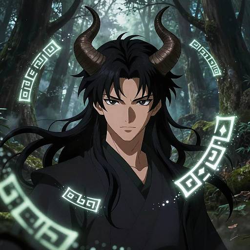 Anime-style digital illustration of a stern, black-haired male demon with large horns, surrounded by glowing, intricate white patterns in a dark, misty forest