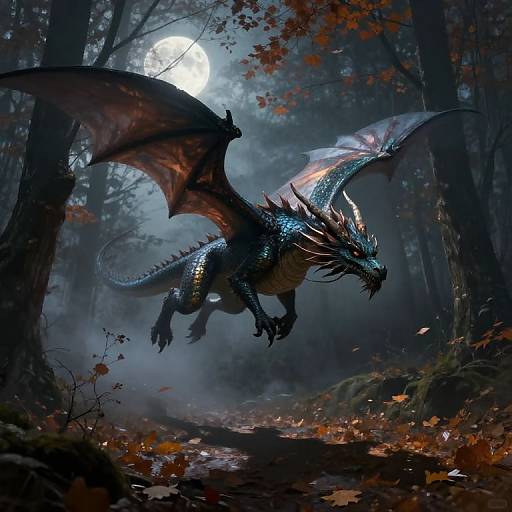 Digital fantasy artwork of a dark blue, red-winged dragon with sharp horns and scales, soaring through a misty, moonlit forest.