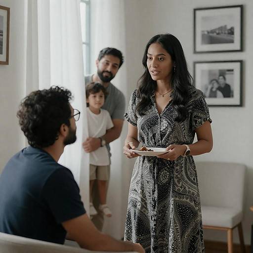 Photograph of an Indian family in a modern living room: mother in patterned dress, father and son in background, seated man in foreground, white
