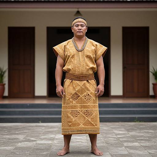 Photograph of a muscular, middle-aged Asian man in a yellow, intricately patterned traditional dress, standing barefoot on stone steps, with a