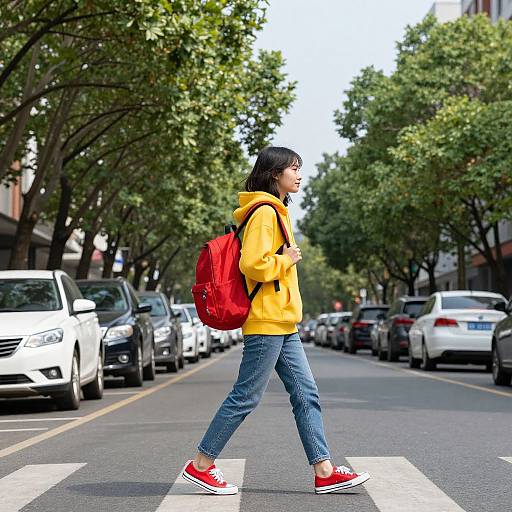 Photograph of a young woman with black hair, yellow hoodie, blue jeans, red backpack, and red sneakers, crossing street lined with parked cars and