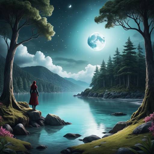 Moonlit Shore in Enchanted Forest Setting