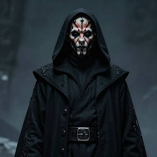 Digital artwork of a hooded figure with a terrifying, white-painted, blood-streaked mask, standing in a dark, misty, blue