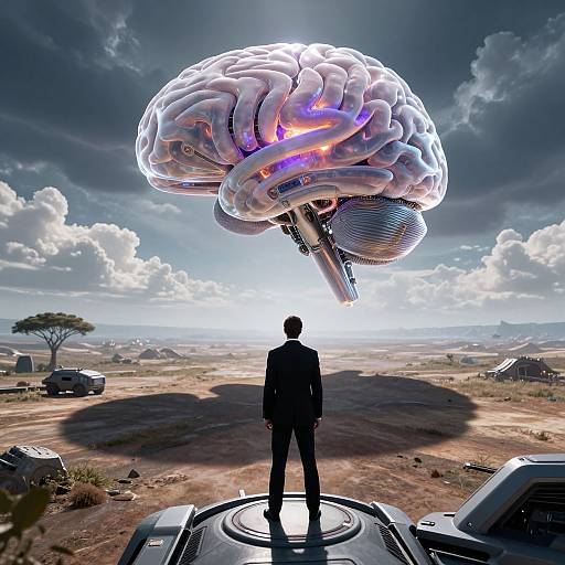 Photograph-like CGI: Silhouetted man in suit stands on circular platform, gazing at glowing, futuristic, floating brain with mechanical parts over