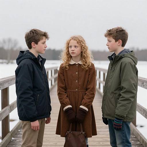 Three Children on a Snowy Bridge
