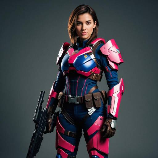 Woman in Futuristic Pink and Blue Armor Suit Holding Gun