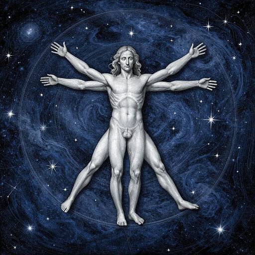 Digital artwork of a muscular, nude, six-armed, androgynous figure with long hair, floating in a starry, cosmic blue background