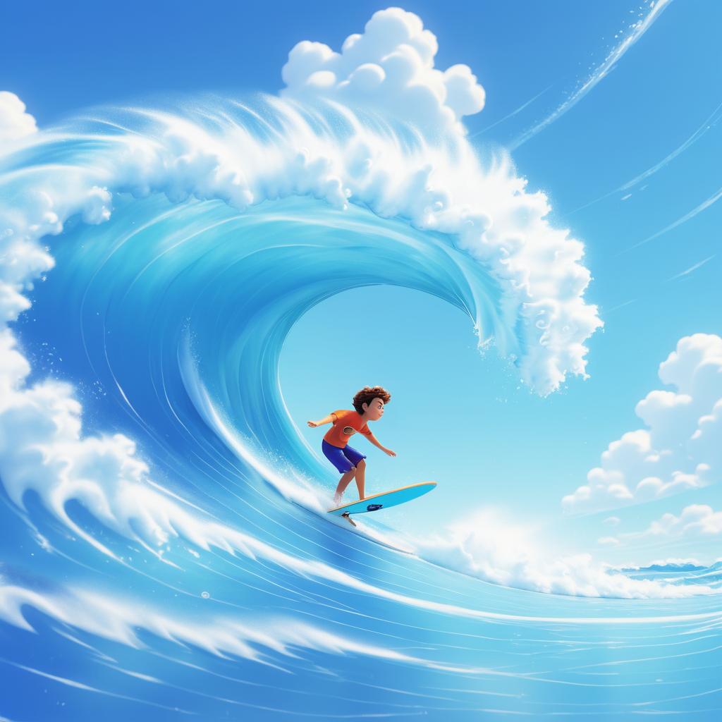 Whimsical Boy Surfing on Giant Wave