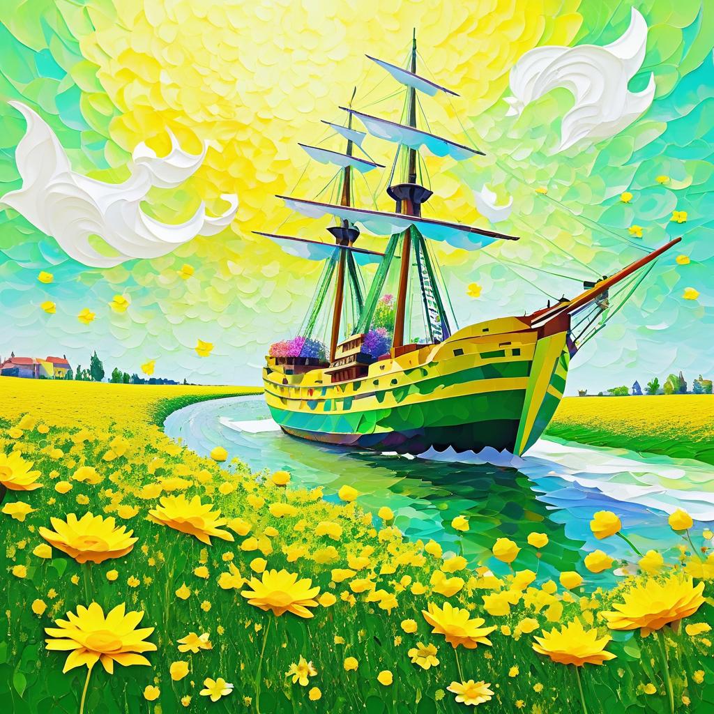 Dreamlike Ship Sailing Through Flower Field