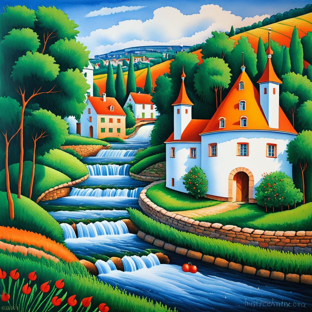 Naive Art of a Moulin with Tempera