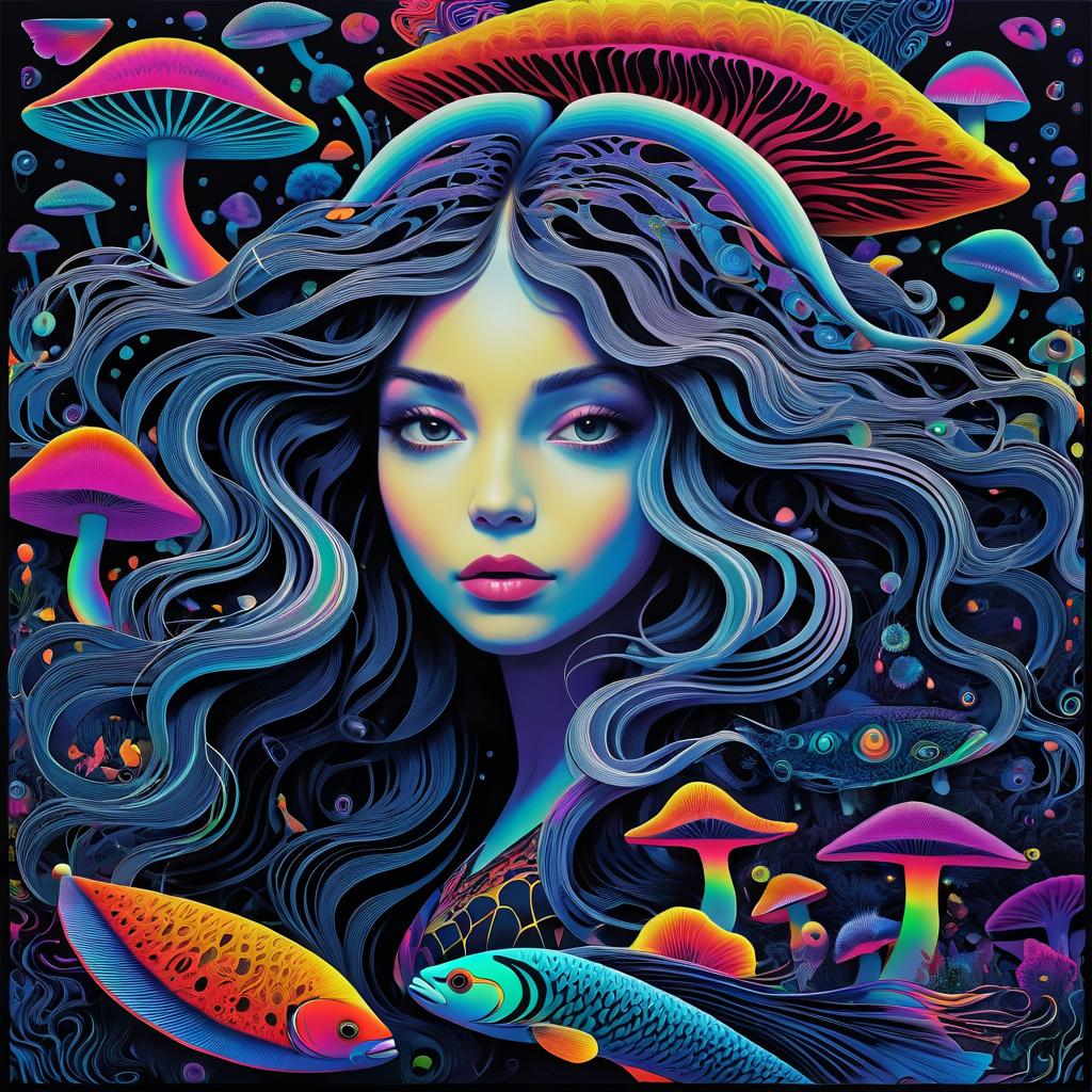 Vibrant Psychedelic Girl with Mushrooms