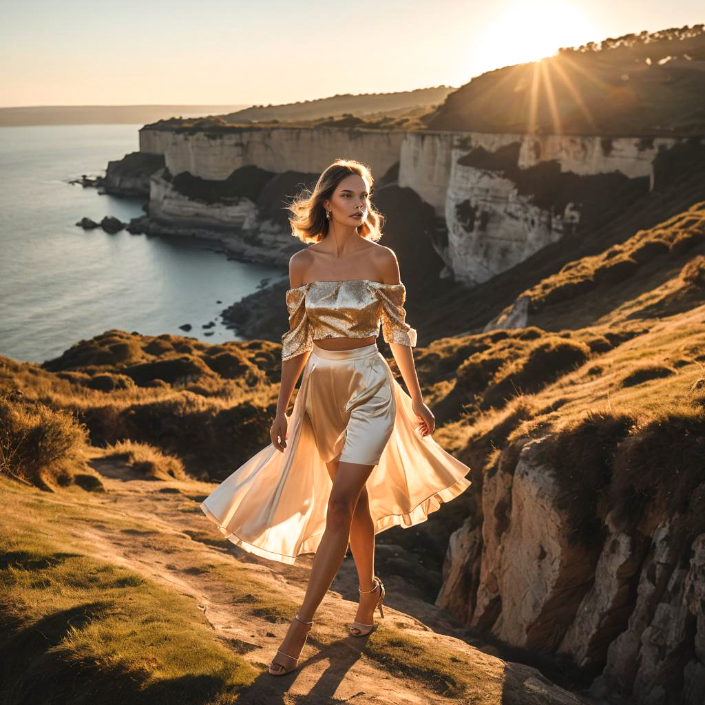 Elegant Fashion Model on Cliff at Sunset