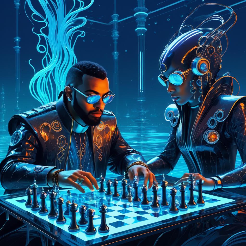 Cyberpunk Octopus Chess Underwater Scene