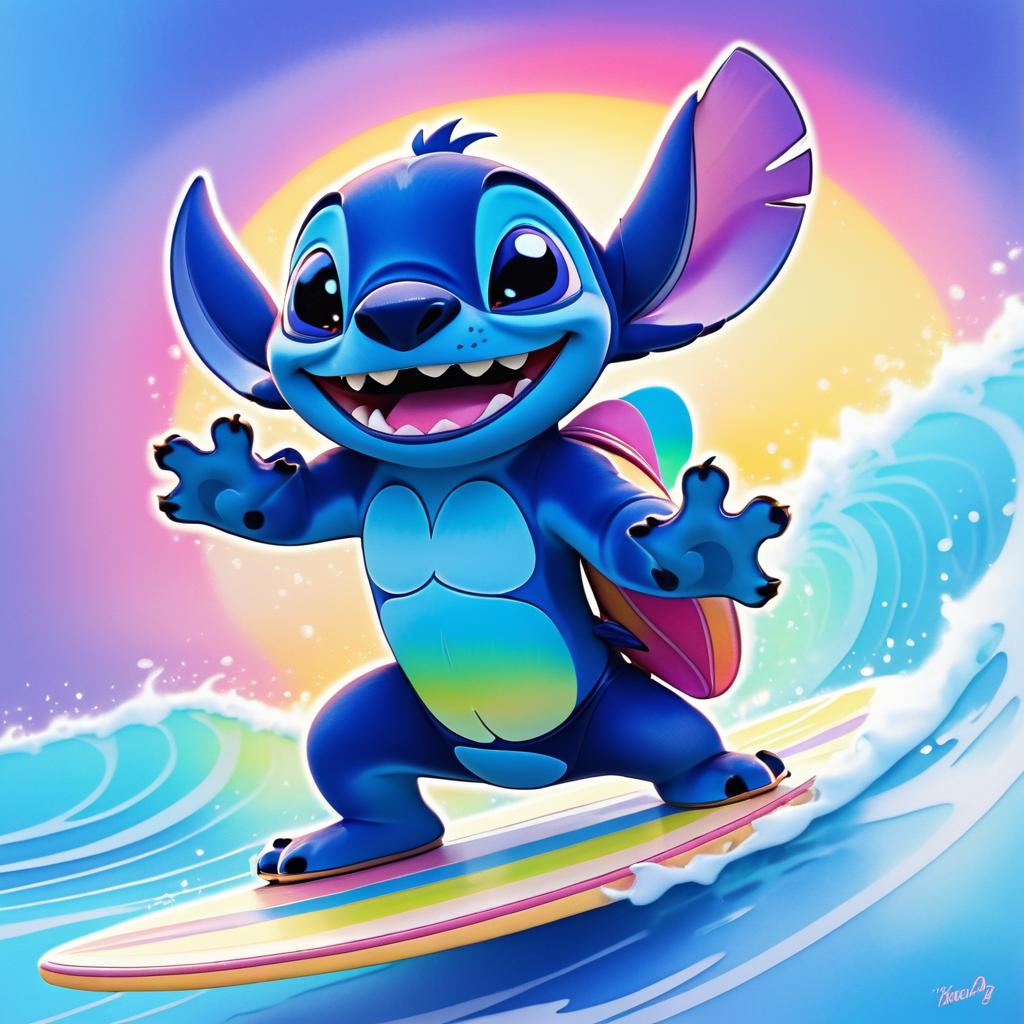 Vibrant Disney Animation of Stitch Surfing