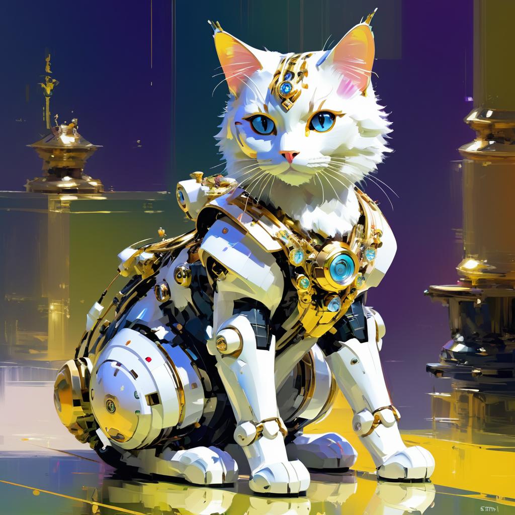 Serene Robotic Cat in Impressionist Style