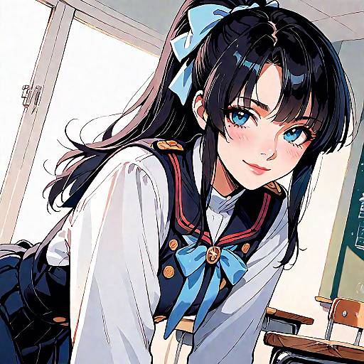 Anime-style digital illustration of a cute, blue-eyed girl with black hair, a blue bow, and a sailor uniform leaning forward. Bright classroom background with