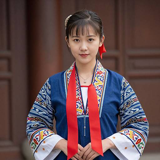 Woman in Traditional Dress with Ribbon