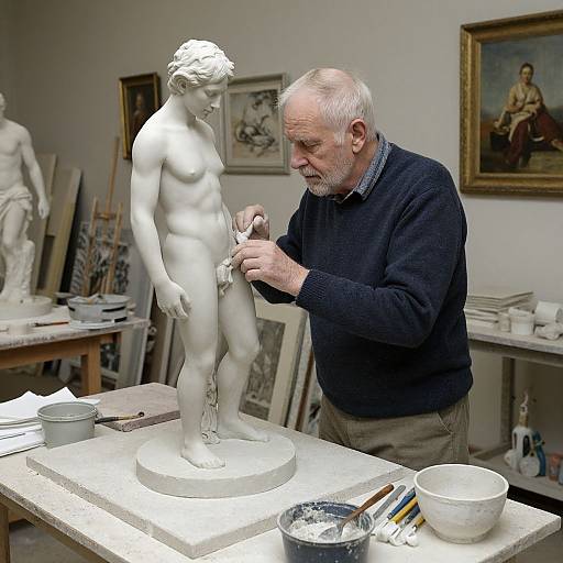 Photograph of an elderly white sculptor with gray beard, wearing a navy sweater, meticulously carving a nude male marble statue in an art studio.