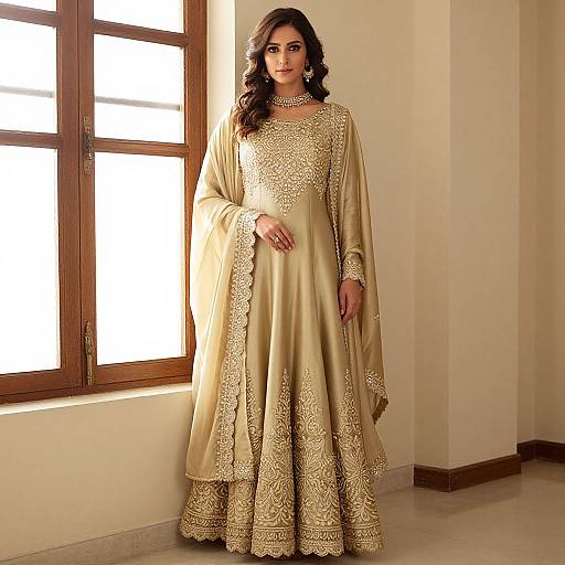 Photograph of a South Asian woman with long dark hair, wearing a gold embroidered traditional Pakistani kameez and dupatta, standing by a sunlit