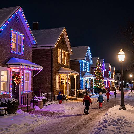 Nighttime photograph of a snow-covered street lined with colorful Christmas-lit wooden houses, people walking, illuminated Christmas tree, and a lit streetlamp.