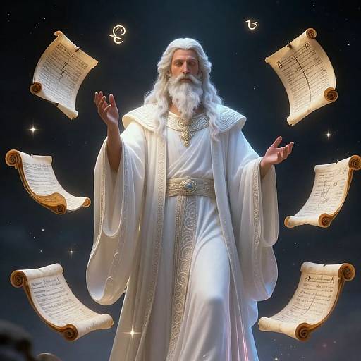 Digital illustration of a white-bearded, long-haired deity in a flowing white robe, surrounded by floating, illuminated scrolls, against a starry night sky