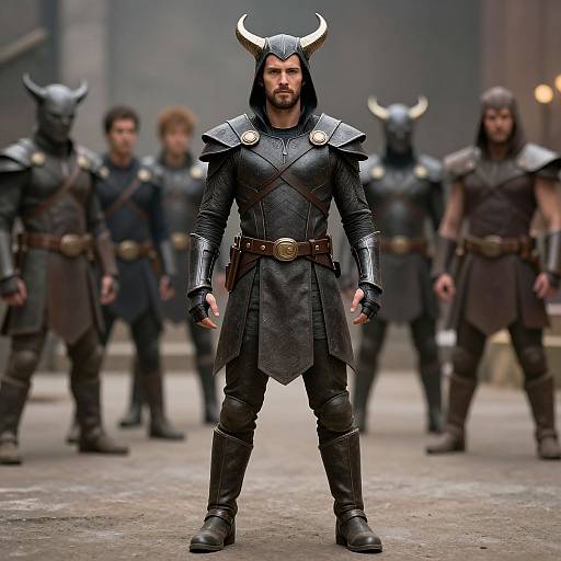 Photograph of a bearded man in medieval Viking armor with horned helmet, standing confidently in front of a blurred group.