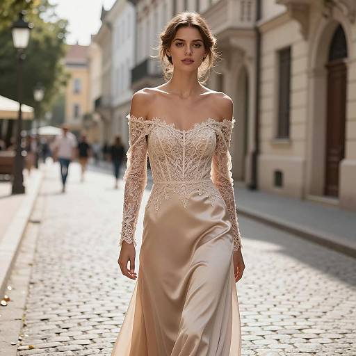 Elegant Woman in Beige Satin Ball Dress on Cobblestone Street