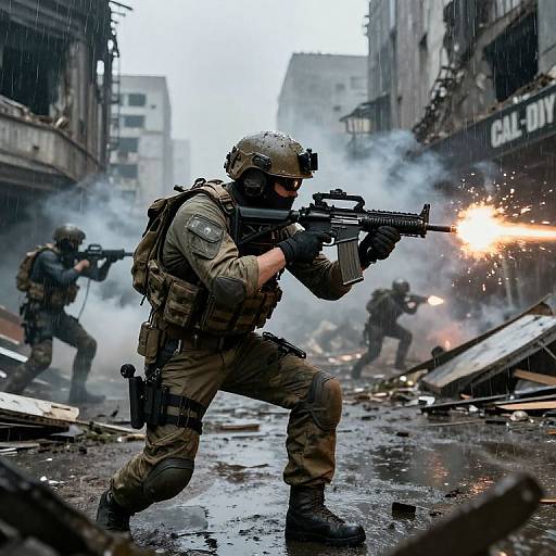 Photograph of three soldiers in urban warfare, firing rifles amid smoke and debris, standing in a rain-soaked, destroyed city street.