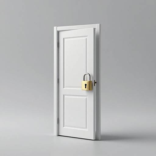 Photograph of a white door with a yellow padlock on the right, set against a light grey background. Door is slightly ajar, casting a