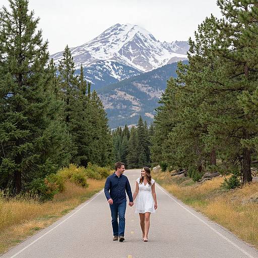 Photograph of a couple walking hand-in-hand down a forested road with snow-capped mountains in the background, the man in black, the woman