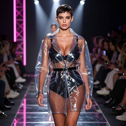 Photograph of a short-haired model on a runway, wearing a sheer, glossy black PVC dress with long sleeves, under bright lights, against a dark
