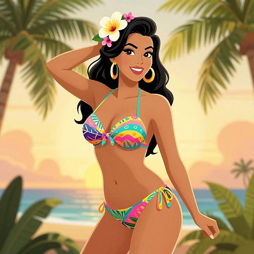 Digital illustration of a smiling, tan-skinned woman with long black hair, wearing a colorful, patterned bikini, large gold hoop earrings, and a