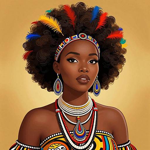 Digital portrait of a dark-skinned African woman with an afro, colorful feather headband, intricate jewelry, and vibrant, patterned top against a