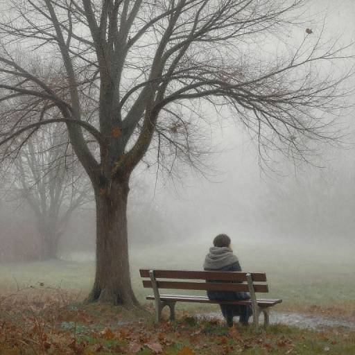 Photograph of a person in a gray coat, seated on a wooden bench, facing foggy, leafless park with a large tree.
