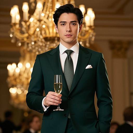 Photograph of a handsome young man with dark hair, wearing a black suit, white shirt, and black tie, holding a champagne flute, standing in