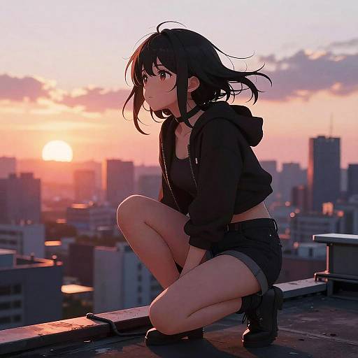 Anime-style drawing of a young woman with short black hair, wearing a black hoodie and shorts, squatting on a rooftop at sunset, city skyline in