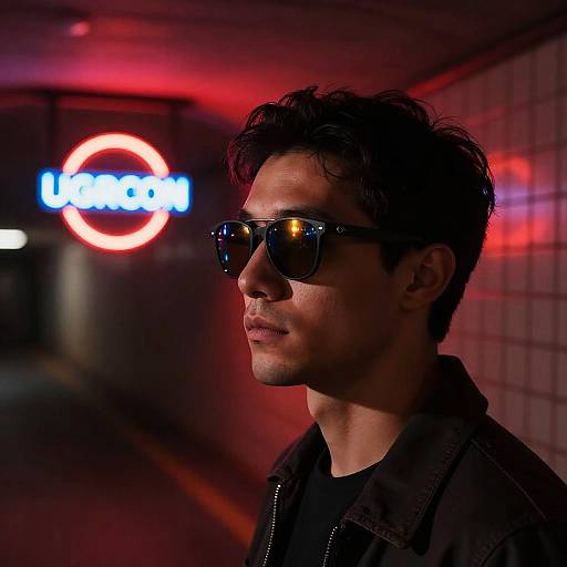 Photograph of a serious-looking man with dark hair and sunglasses, standing in a dimly lit subway tunnel with red and blue neon lights in the background